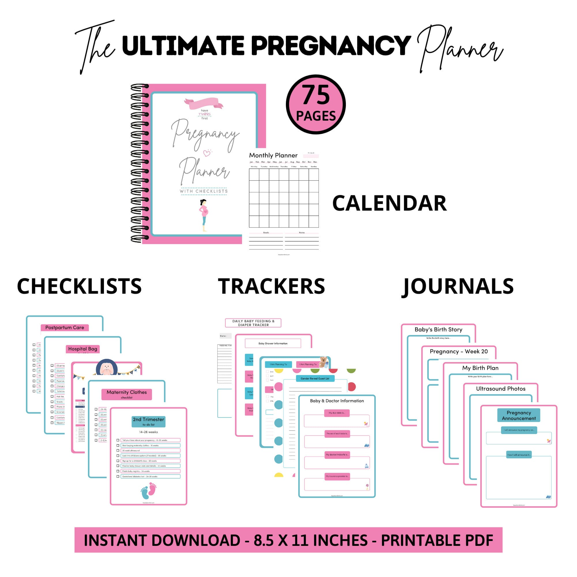 Pregnancy planner checklists, trackers, journal, and calendar examples.