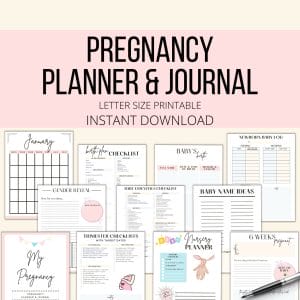 Printable pregnancy planner and journal mockup images.