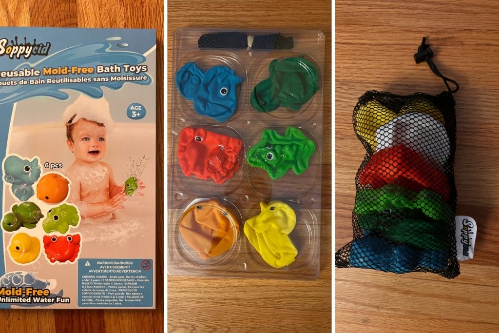 Soppycid bath toy packaging photos.