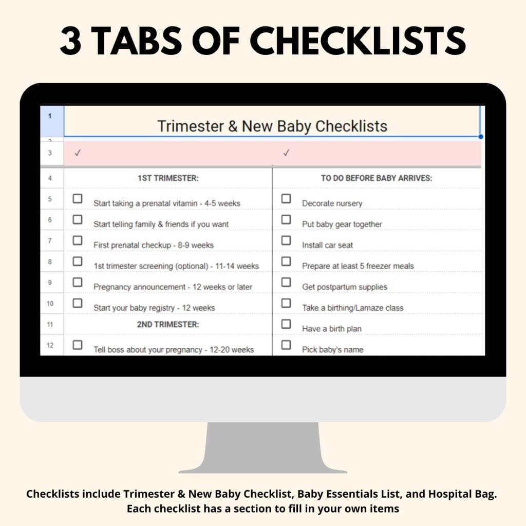 Three tabs of checklists including trimester and new baby, baby essentials, and hospital bag.