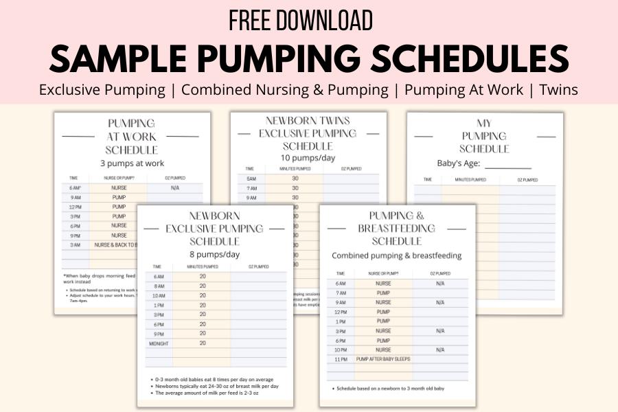 Sample pumping schedules for exclusive pumping, combined nursing and pumping, pumping at work, and twins mockup image.
