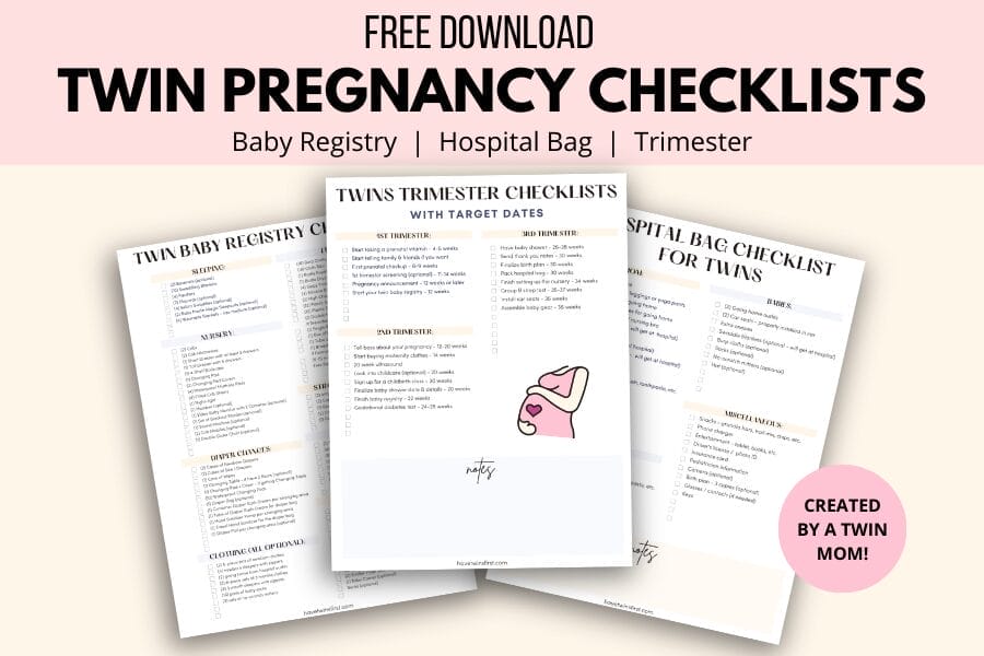 Twin pregnancy checklists including baby registry, hospital bag, & trimester mockup image.