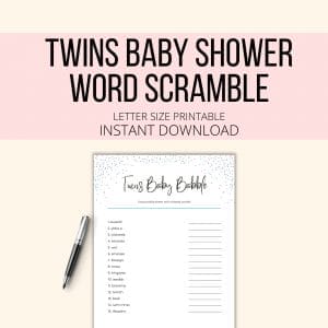 Twins baby shower word scramble mockup image.