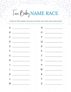 Twin baby name race printable game.