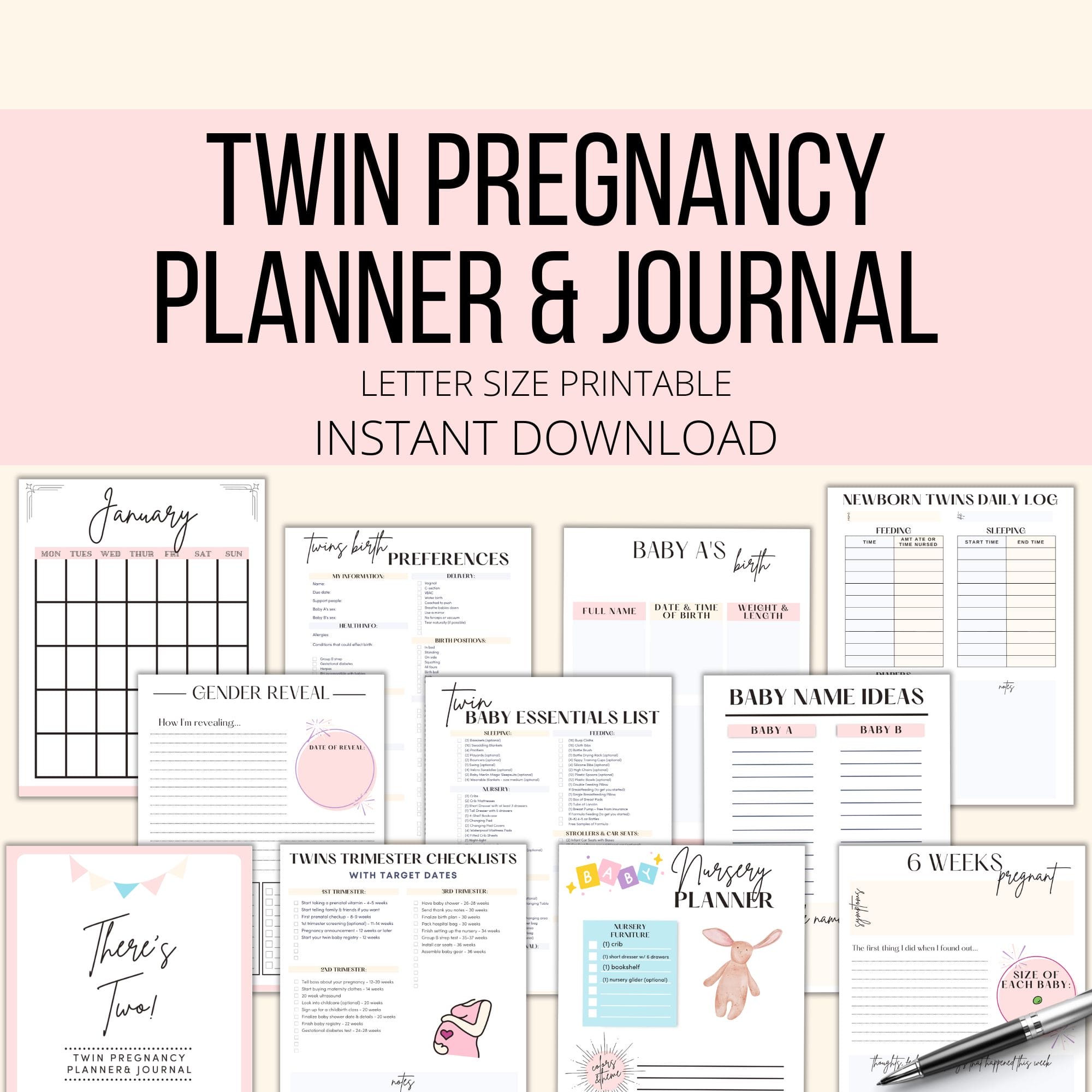 Printable twin pregnancy planner and journal mockup.