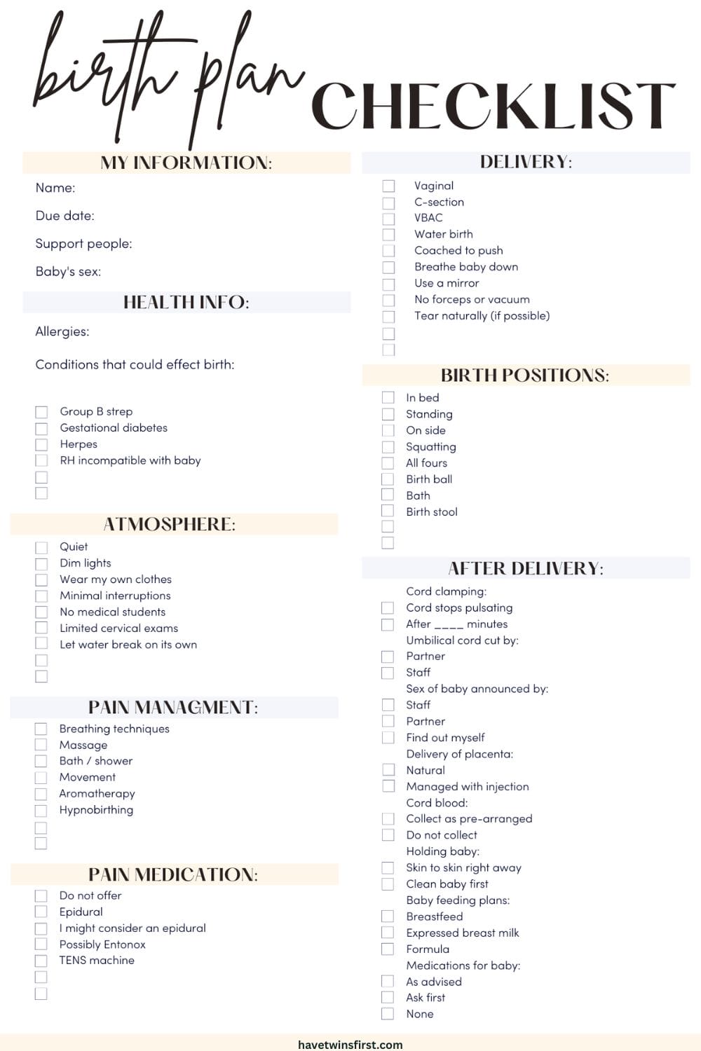 Birth plan checklist Pinterest pin.