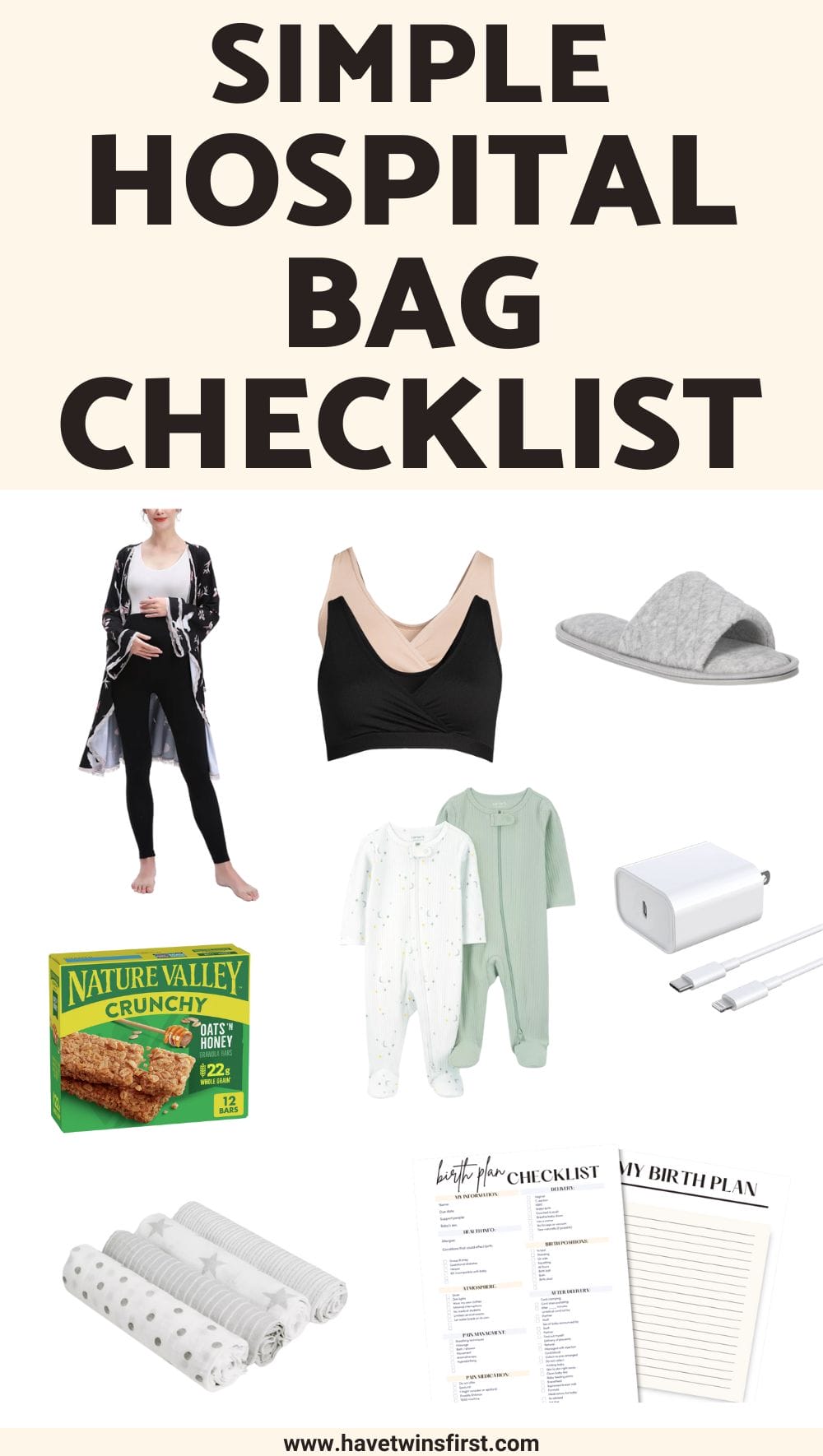 Simple hospital bag checklist Pinterest pin.
