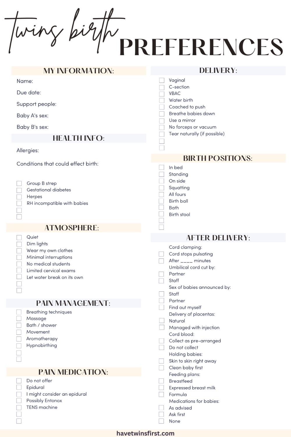 Twin birth preferences Pinterest pin.